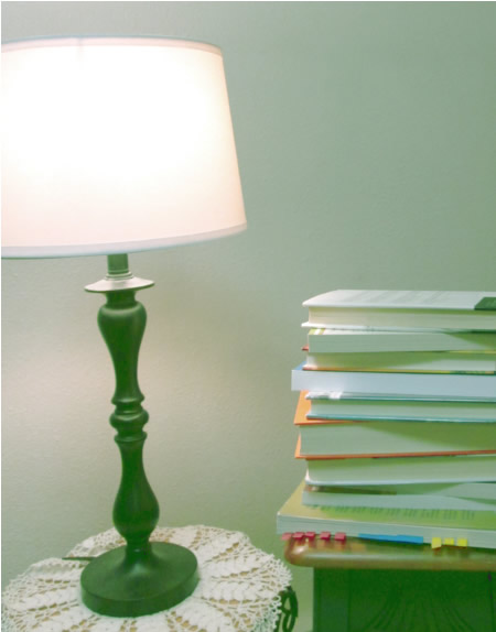 Lamp and books in my bonus room.